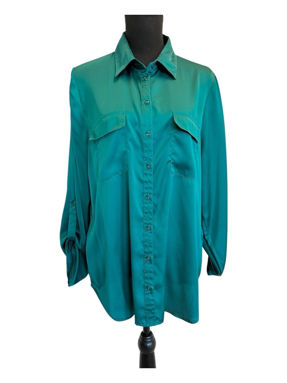Women’s teal aquamarine satin long roll tab  sleeve button front blouse Sz L